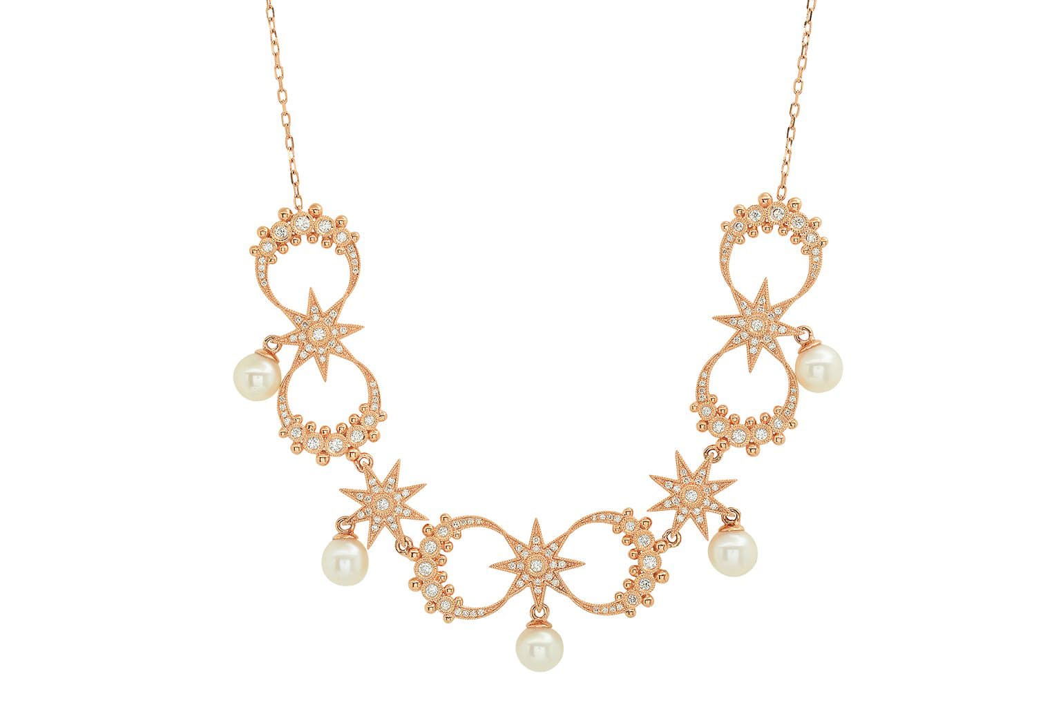  Colette Jewellery ‘Galaxia’ collection necklace with diamonds and pearls in yellow gold