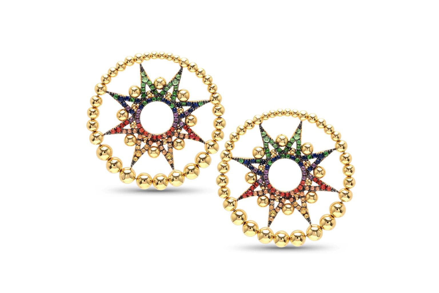  Colette Jewellery ‘Galaxia’ collection earrings with sapphires, tsavorites and rubies in yellow gold