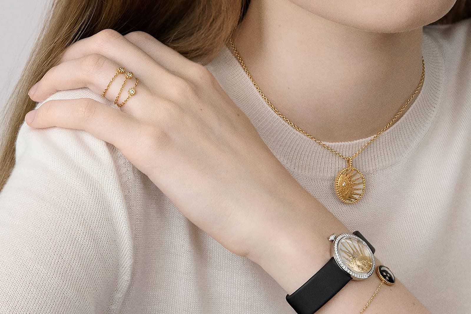 Dior ‘Rose Céleste’ collection pendant, watch and bangle with onyx, all with diamonds and mother of pearl in yellow gold