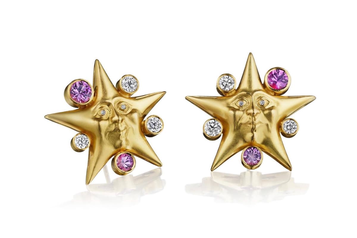  Anthony Lent ‘Celestial’ collection earrings with diamonds and pink sapphires in yellow gold