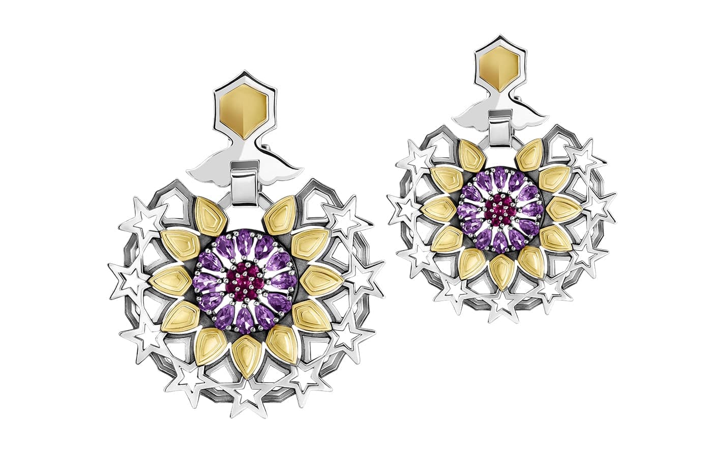  Azza Fahmy 'Mamluk' collection ‘Jashankir’ earrings with rubies and amethysts in yellow gold and silver