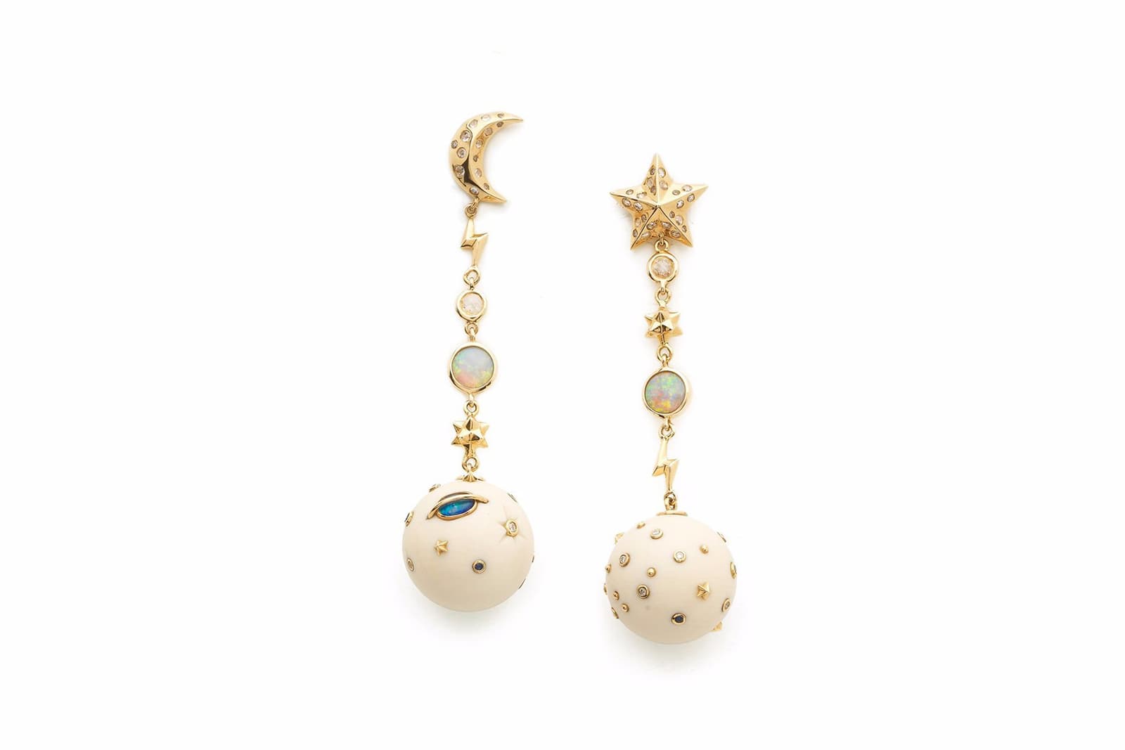  Bibi van der Velden 'Galaxy' collection earrings with mammoth tusk, diamonds, blue sapphires, and opals in yellow gold