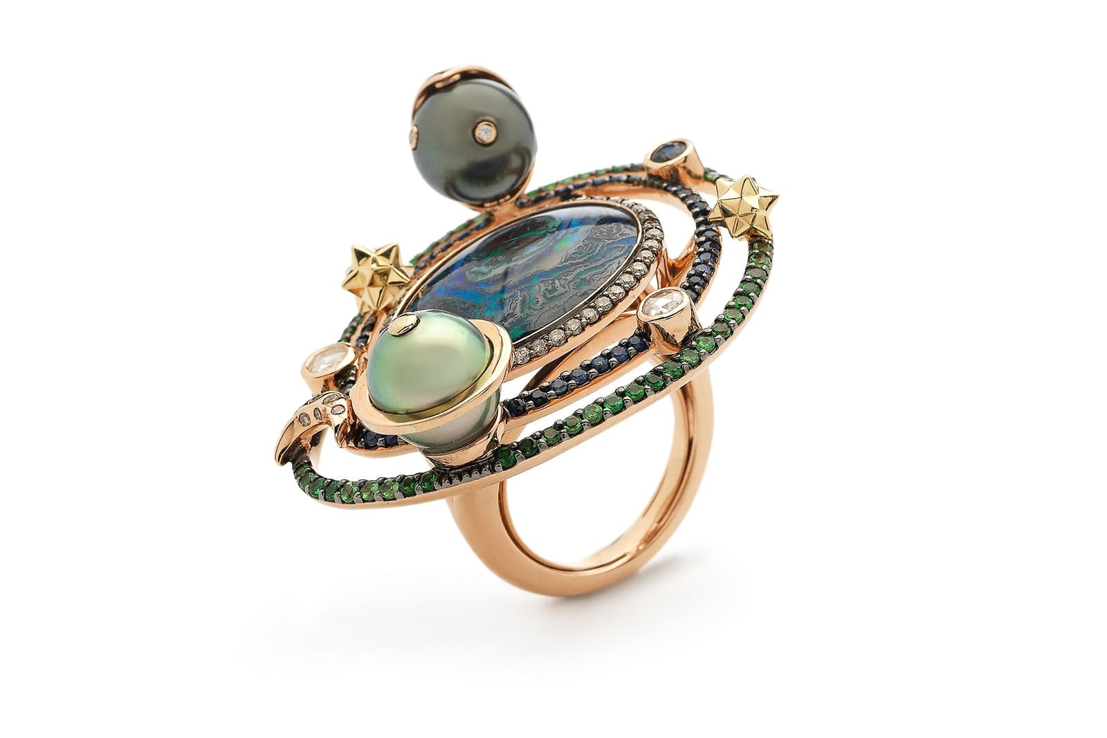  Bibi van der Velden 'Galaxy' collection ring with boulder opal, Tahitian pearls, tsavorites, sapphires and diamonds in yellow gold