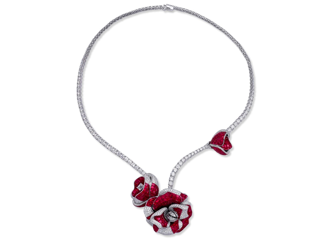 Stenzhorn Peony Princess necklace with invisible set rubies and diamonds in white gold