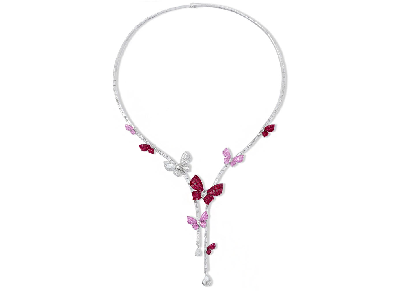  Stenzhorn Butterfly Lovers necklace with invisible set rubies, sapphires and diamonds in white gold