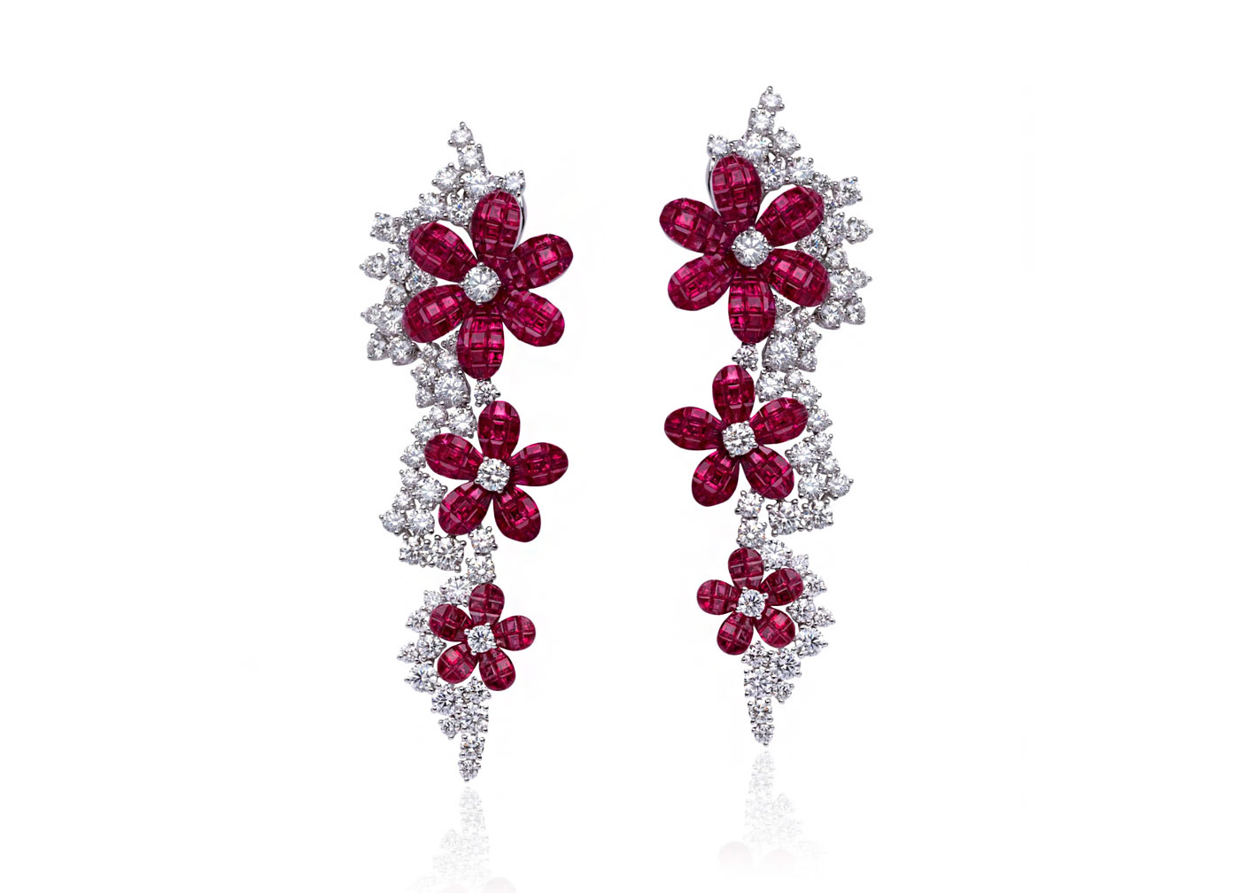 Stenzhorn Floral collection Daisy earrings with diamonds and invisible set rubies in white gold