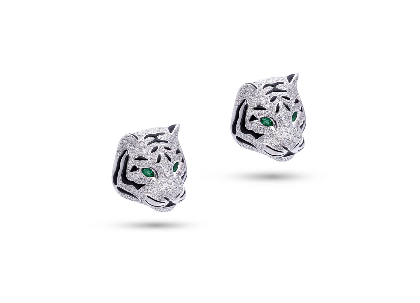  Stenzhorn Savages collection Feline earrings with diamonds, enamel and emeralds in white gold