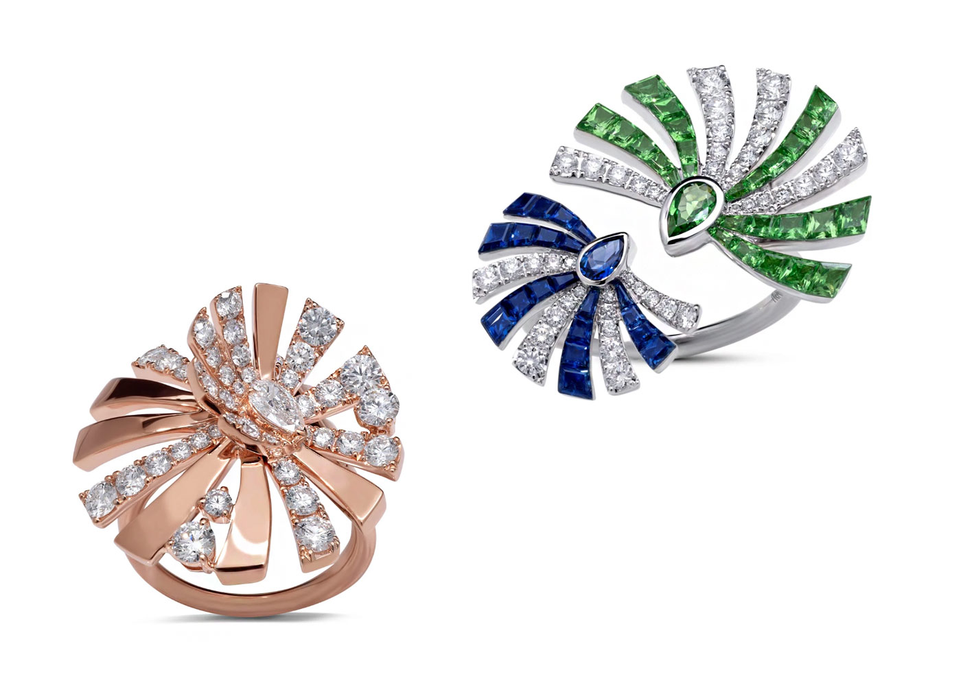  Stenzhorn Persuasion collection rings with diamonds in rose gold and sapphires, tsavorites and diamonds in white gold