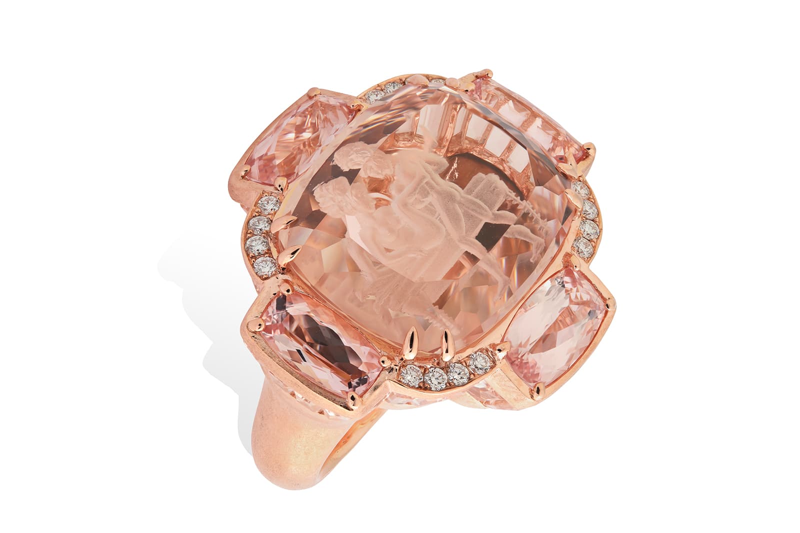 Lydia Courteille La Vie en Rose collection ring with 18.84ct intaglio morganite, diamonds and accenting morganite in rose gold