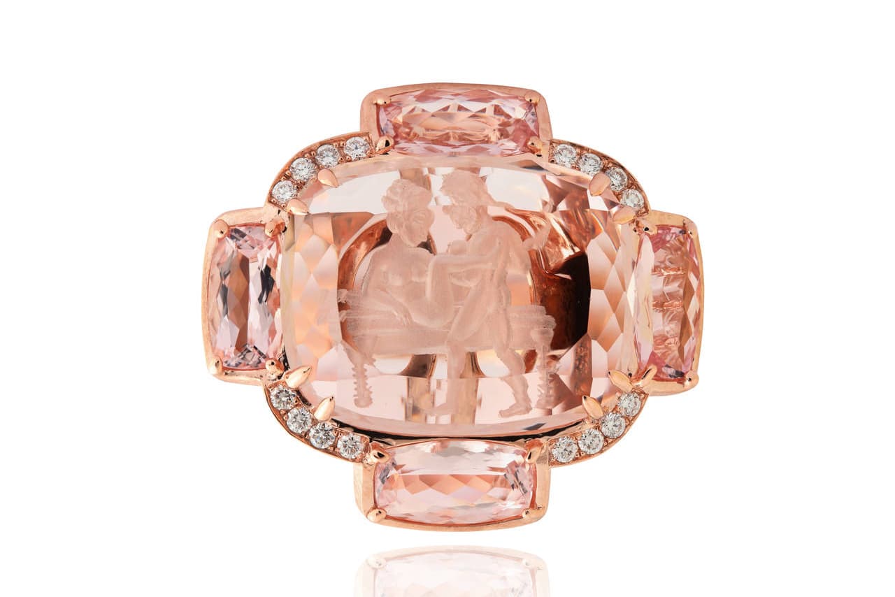  Lydia Courteille La Vie en Rose collection ring with 18.84ct intaglio morganite, diamonds and accenting morganite in rose gold