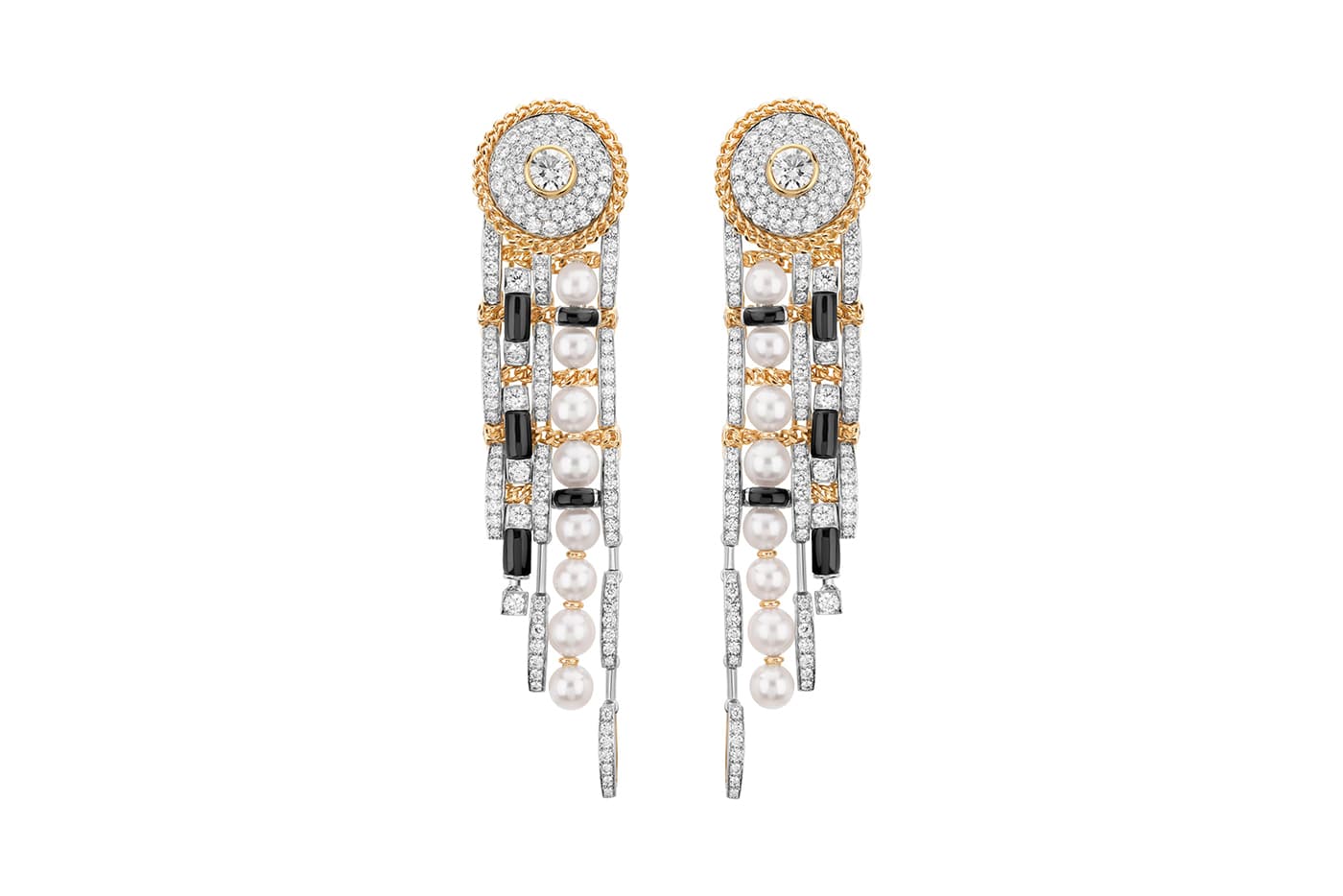  Chanel High Jewellery Tweed de Chanel collection Tweed Contrasté earrings with pearl, onyx and diamonds in yellow gold and platinum