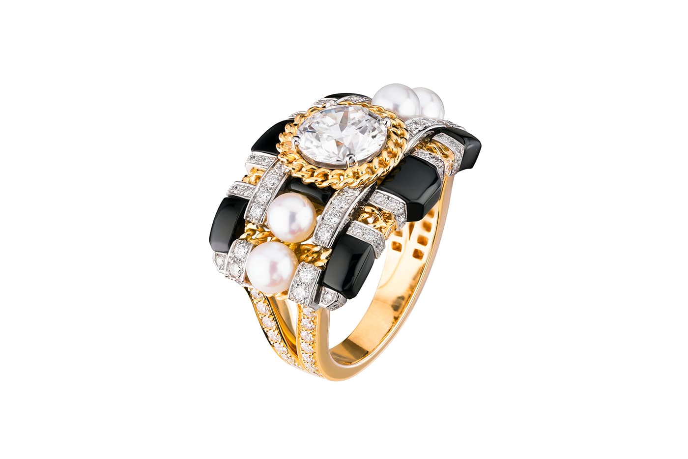  Chanel High Jewellery Tweed de Chanel collection Tweed Contrasté ring with pearl, onyx and diamonds in yellow gold and platinum