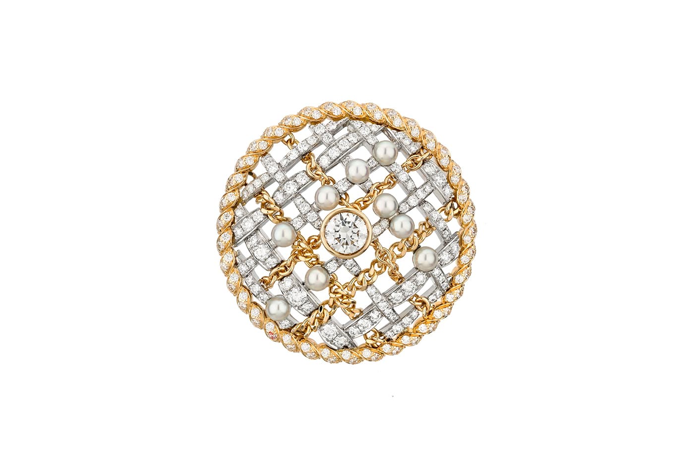  Chanel High Jewellery Tweed de Chanel collection Tweed Cordage brooch with diamonds and pearls in yellow and pink gold and platinum