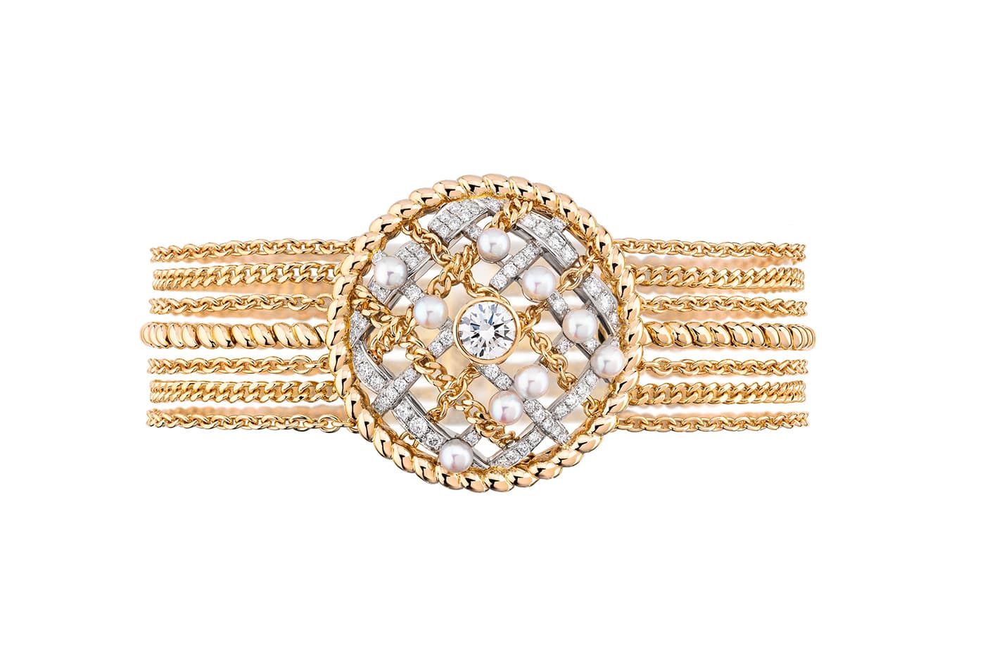  Chanel High Jewellery Tweed de Chanel collection Tweed Cordage bracelet with diamonds and pearls in yellow gold and platinum