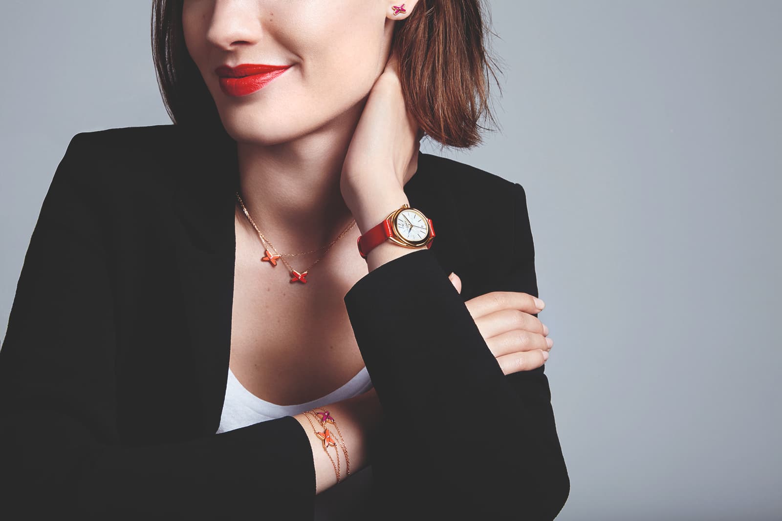 Chaumet Liens collection necklaces, bracelet, earrings with diamonds and lacquer, and Liens Lumiere watch with mother of pearl, all in rose gold