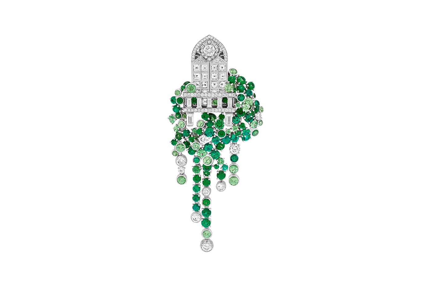  Van Cleef & Arpels Romeo and Juliet collection Balcone brooch with emeralds, tsavorites and diamonds in white gold