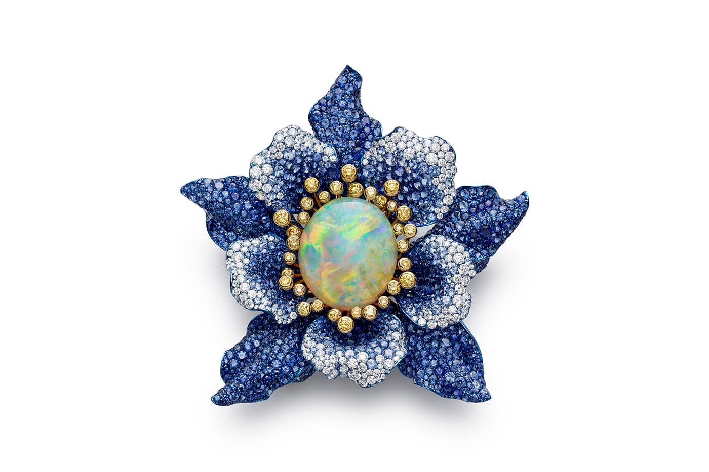 Chopard Red Carpet 2019 collection 'Delicate' brooch with opal, sapphires, yellow diamonds and diamonds in titanium