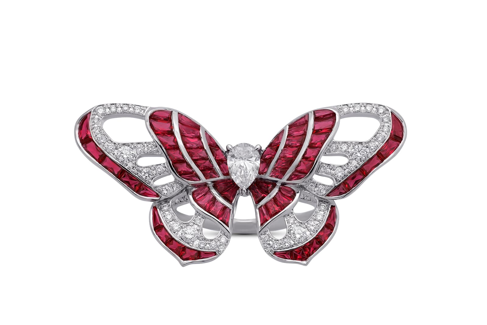  Stenzhorn Butterfly Lovers collection ring with diamonds and rubies with removable 'kimono' ring jacket in white gold 