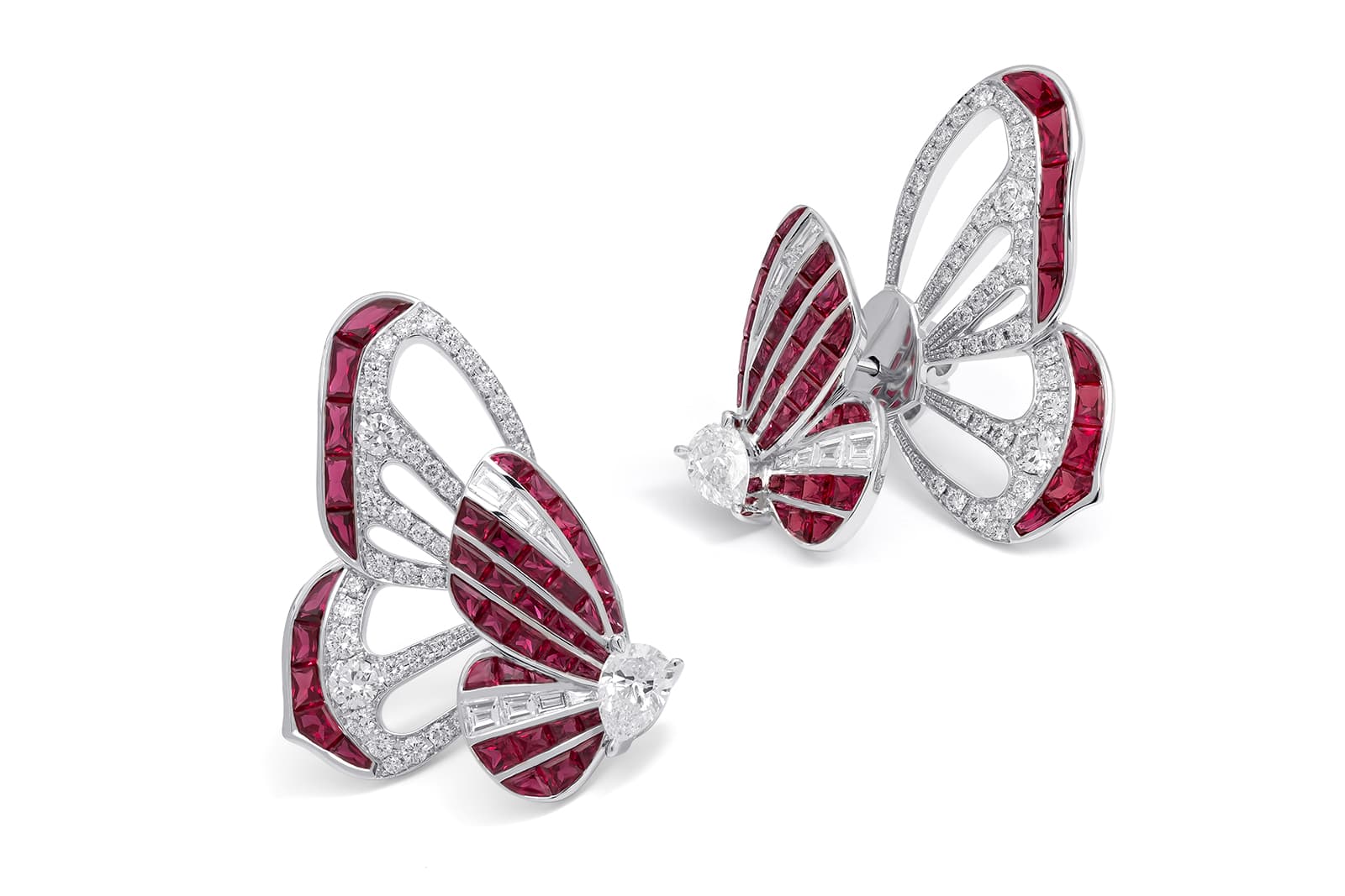  Stenzhorn Butterfly Lovers collection earrings with diamonds and rubies with removable 'kimono' earring jackets in white gold