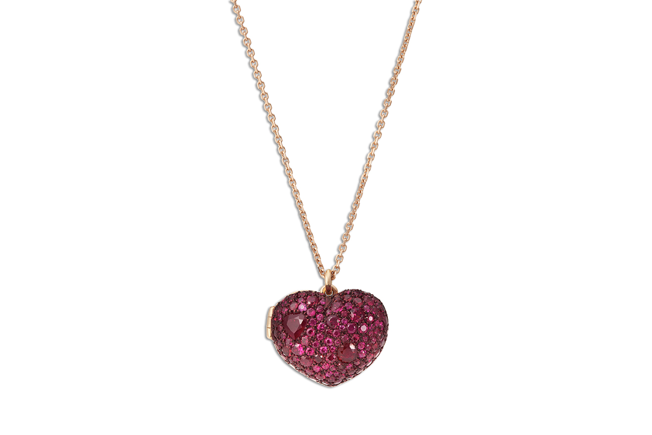  Solange Azagury-Partridge Us necklace with rubies, ceramic plate and sapphire glass locket in rose gold