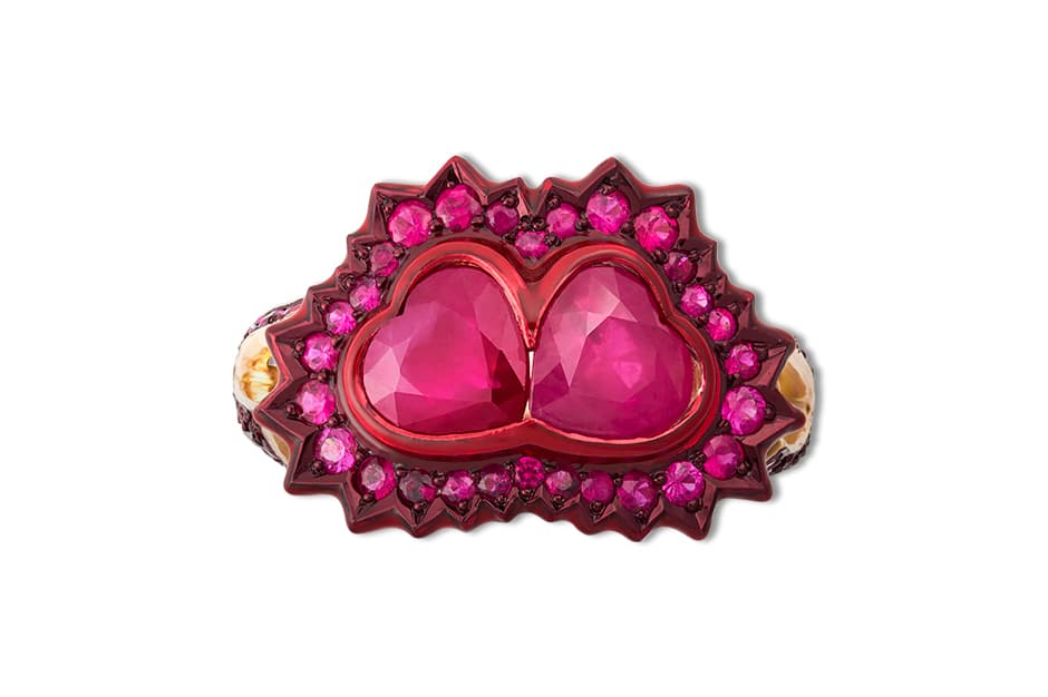  Solange Azagury-Partridge Us ring with rubies, lacquer and ceramic plate in rose gold
