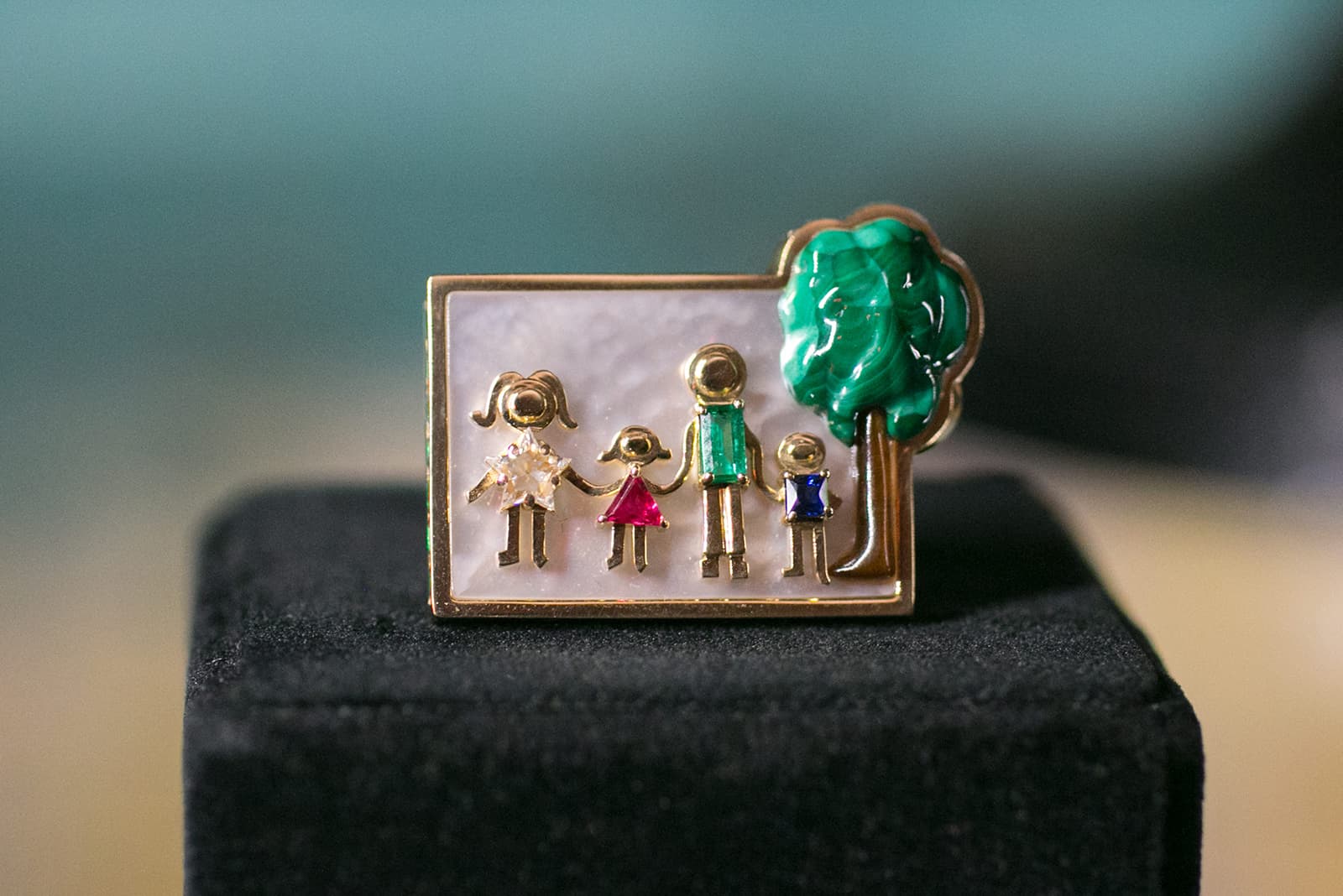Solange Azagury-Partridge Family ring with mother of pearl, malachite, tigers eye, diamond, ruby, sapphire and emerald in yellow gold