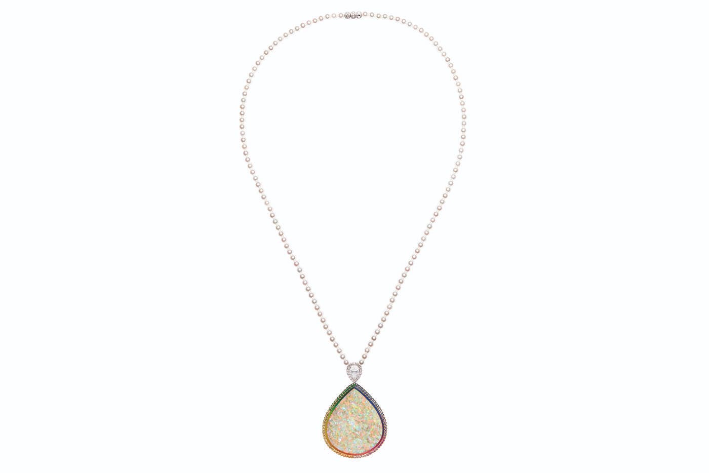  Dior et Moi collection pendant necklace with diamonds, cultured pearls, white opal, pink, blue and yellow sapphires, tsavorite garnets, purple sapphires, mandarin garnets, peridots, emeralds and lacquer in white and yellow gold