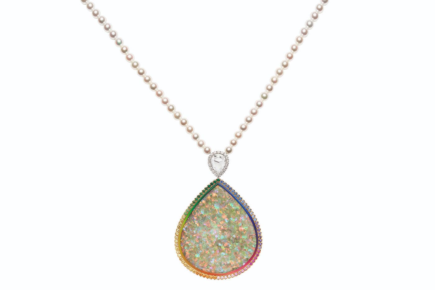Dior et Moi collection pendant necklace with diamonds, cultured pearls, white opal, pink, blue and yellow sapphires, tsavorite garnets, purple sapphires, mandarin garnets, peridots, emeralds and lacquer in white and yellow gold