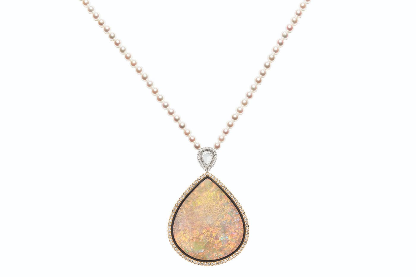  Reverse of Dior et Moi collection pendant necklace with diamonds, cultured pearls, white opal, pink, blue and yellow sapphires, tsavorite garnets, purple sapphires, mandarin garnets, peridots, emeralds and lacquer in white and yellow gold
