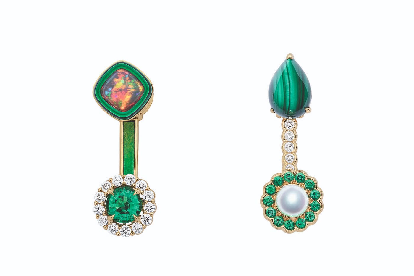  Dior et Moi collection earrings with diamonds, malachite, cultured pearl, opal, emeralds and green lacquer in yellow gold