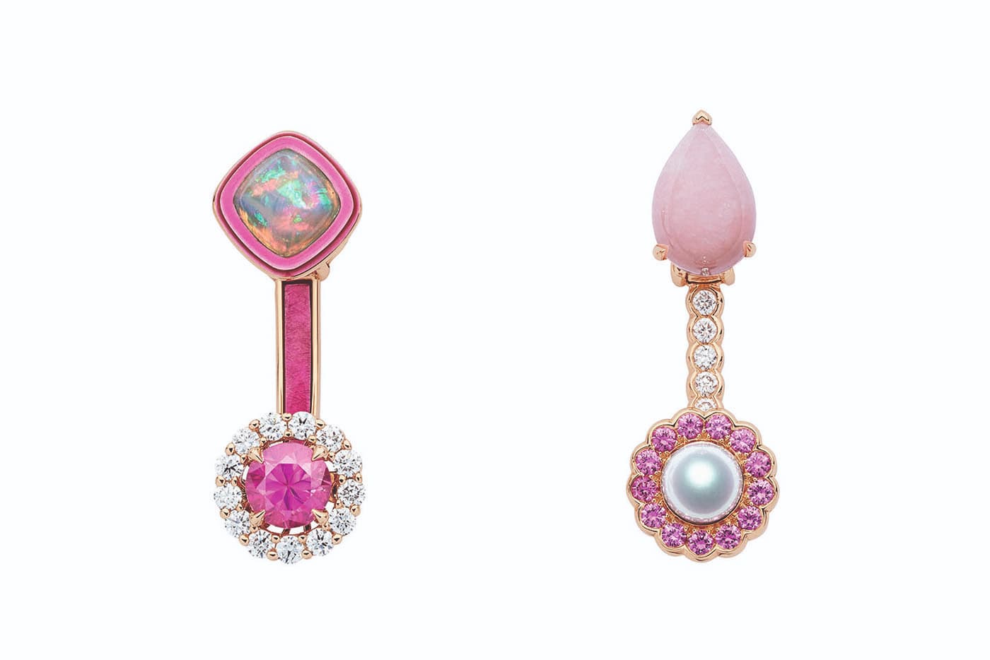  Dior et Moi collection earrings with diamonds, pink opal, opal, pink sapphires, cultured pearl and pink lacquer in pink gold