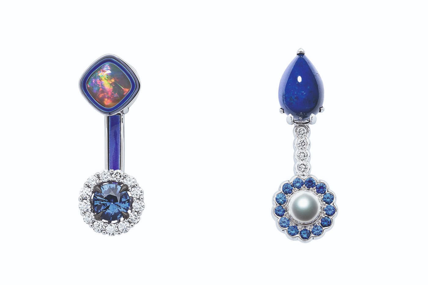  Dior et Moi collection earrings with diamonds, lapis lazuli, sapphires, cultured pearl, opal and blue lacquer in white gold