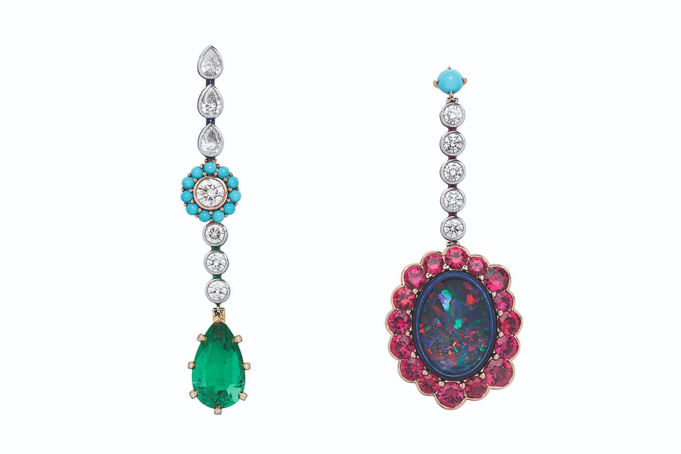  Dior et Moi collection earrings with diamonds, black opal, emerald, red spinels, turquoises and lacquer in white, pink and yellow gold
