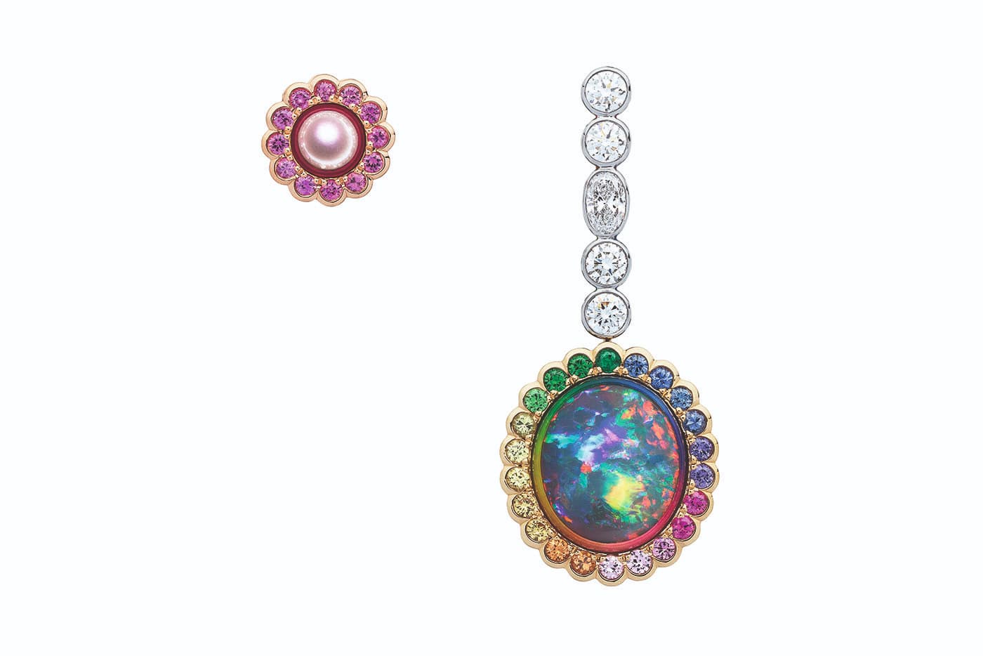  Dior et Moi collection earrings with diamonds, black opal, cultured pearl, pink, yellow and blue sapphires, tsavorite and mandarin garnets, purple sapphires, peridot, emerald and lacquer in yellow, pink and white gold