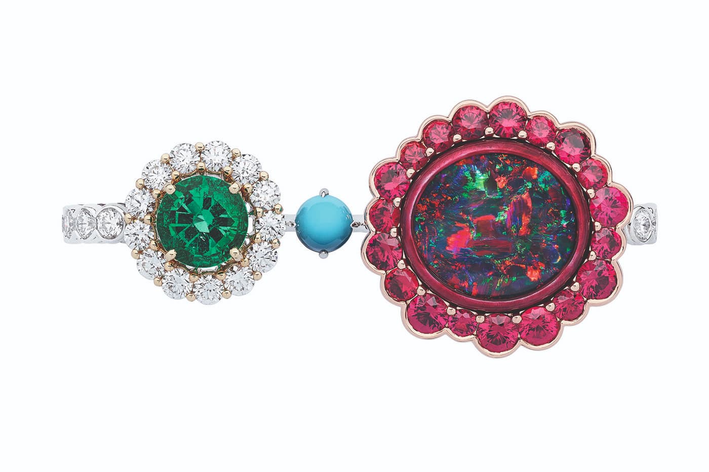  Dior et Moi collection double ring with diamonds, black opal, red spinels, emerald, turquoise and lacquer in white, pink and yellow gold