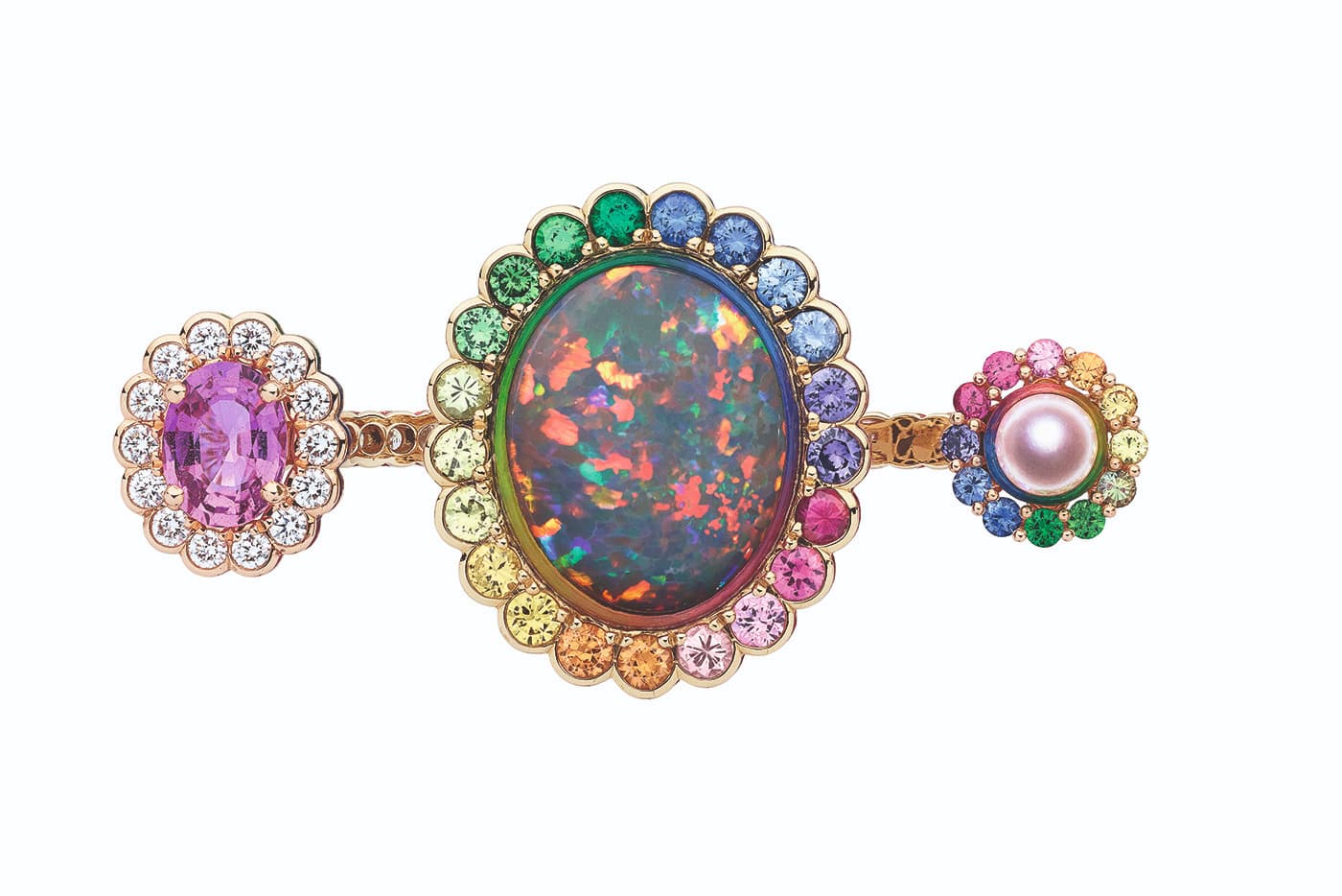Dior et Moi collection open ring with black opal, pink sapphires, cultured pearl, blue and yellow sapphires, mandarin garnets, purple sapphires, tsavorite garnets, peridots, emerald, diamonds and lacquer in yellow and pink gold