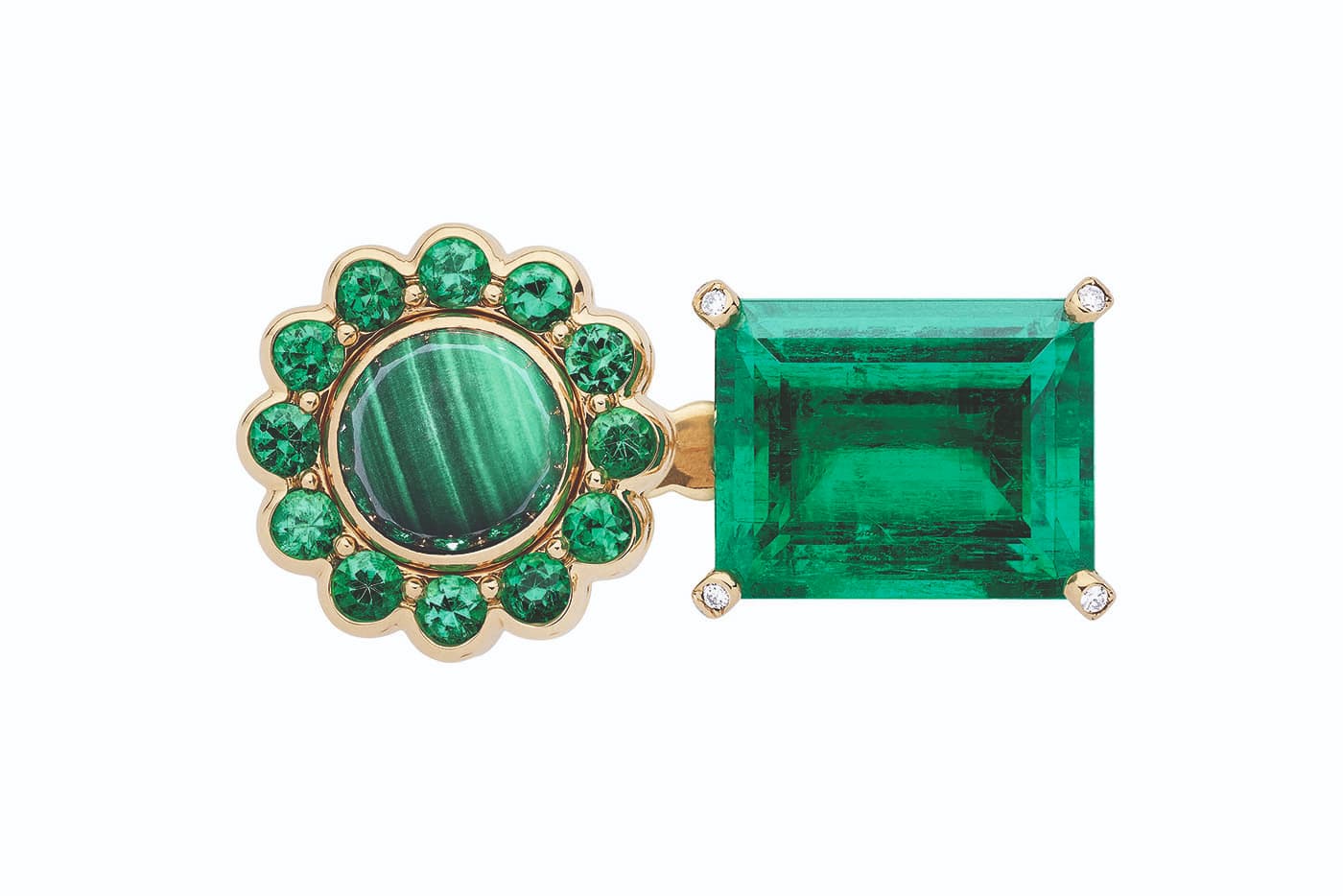  Dior et Moi collection open ring with diamonds, emeralds, malachite and green lacquer in yellow and white gold