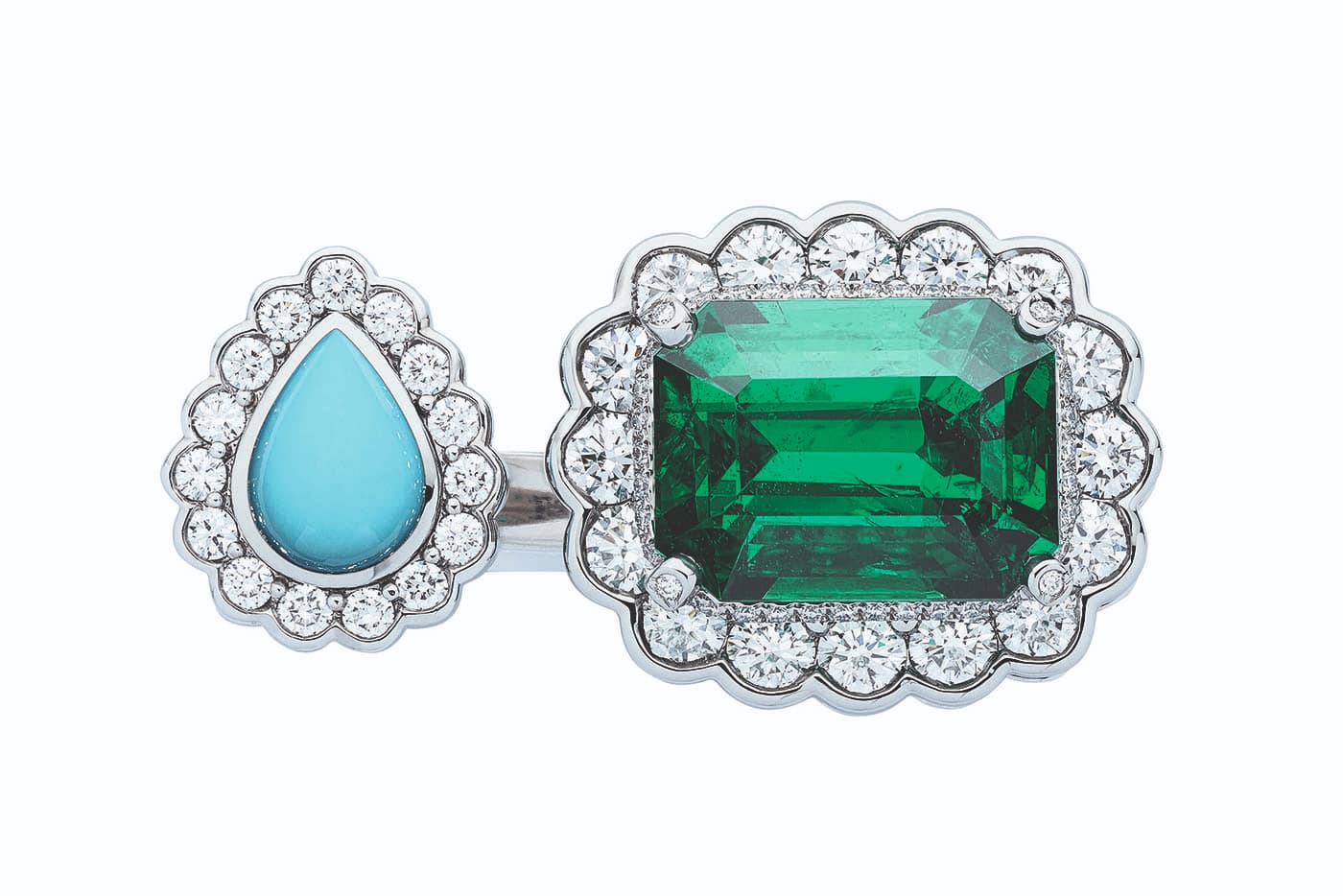 Dior et Moi collection open ring with diamonds, emerald, turquoise and green and blue lacquer in platinum