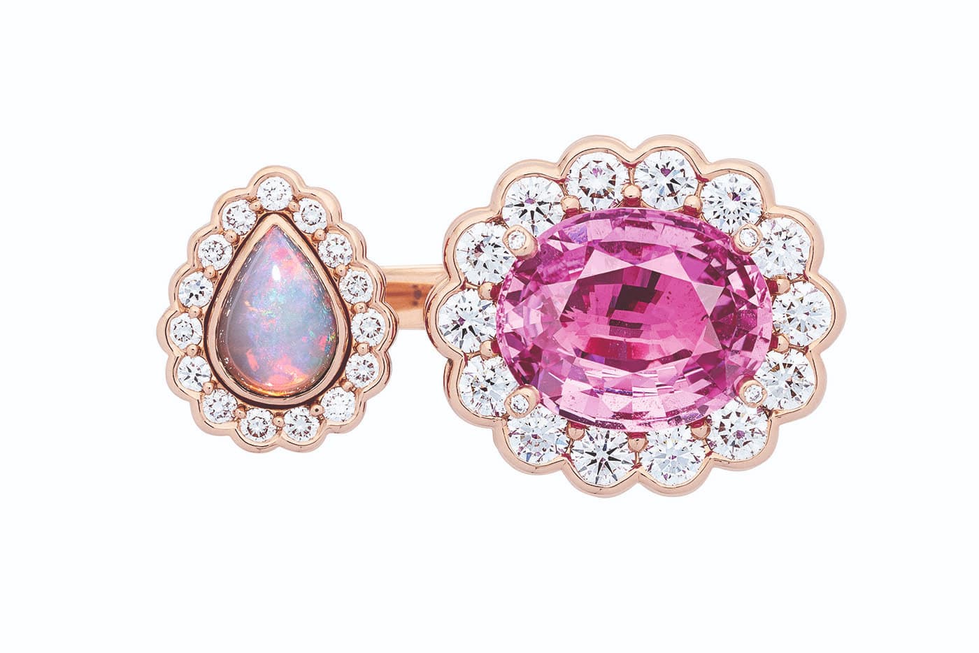  Dior et Moi collection open ring with diamonds, pink sapphire, opal, pink and blue lacquer in pink gold