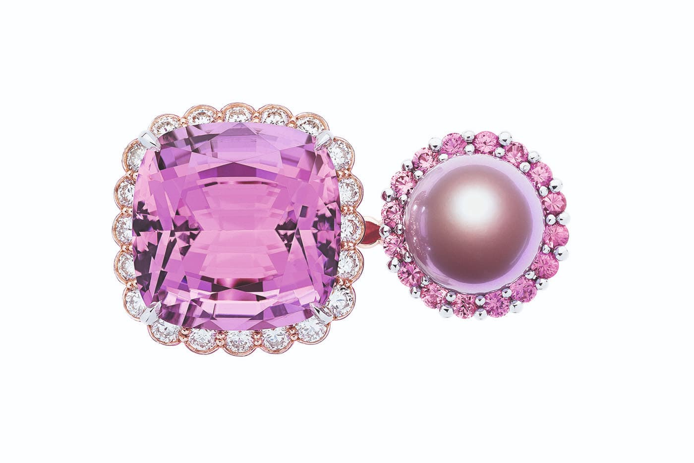  Dior et Moi collection open ring with diamonds, kunzite, cultured purple pearl, pink sapphires and pink lacquer in white and pink gold