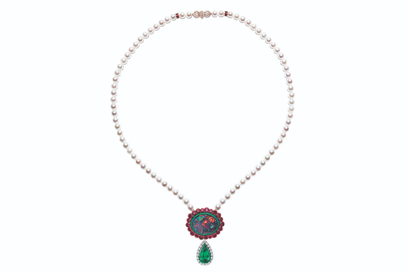  Dior et Moi collection necklace with diamonds, cultured pearls, black opal, emerald, red spinels and red lacquer in white and pink gold