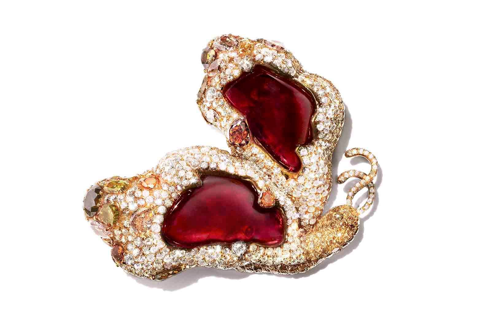 Cindy Chao 2008 Black Label Masterpiece I with unheated Burmese rubies totaling 12.89 ct, 7.50ct of fancy coloured diamonds, diamonds and colour changing sapphires in yellow gold