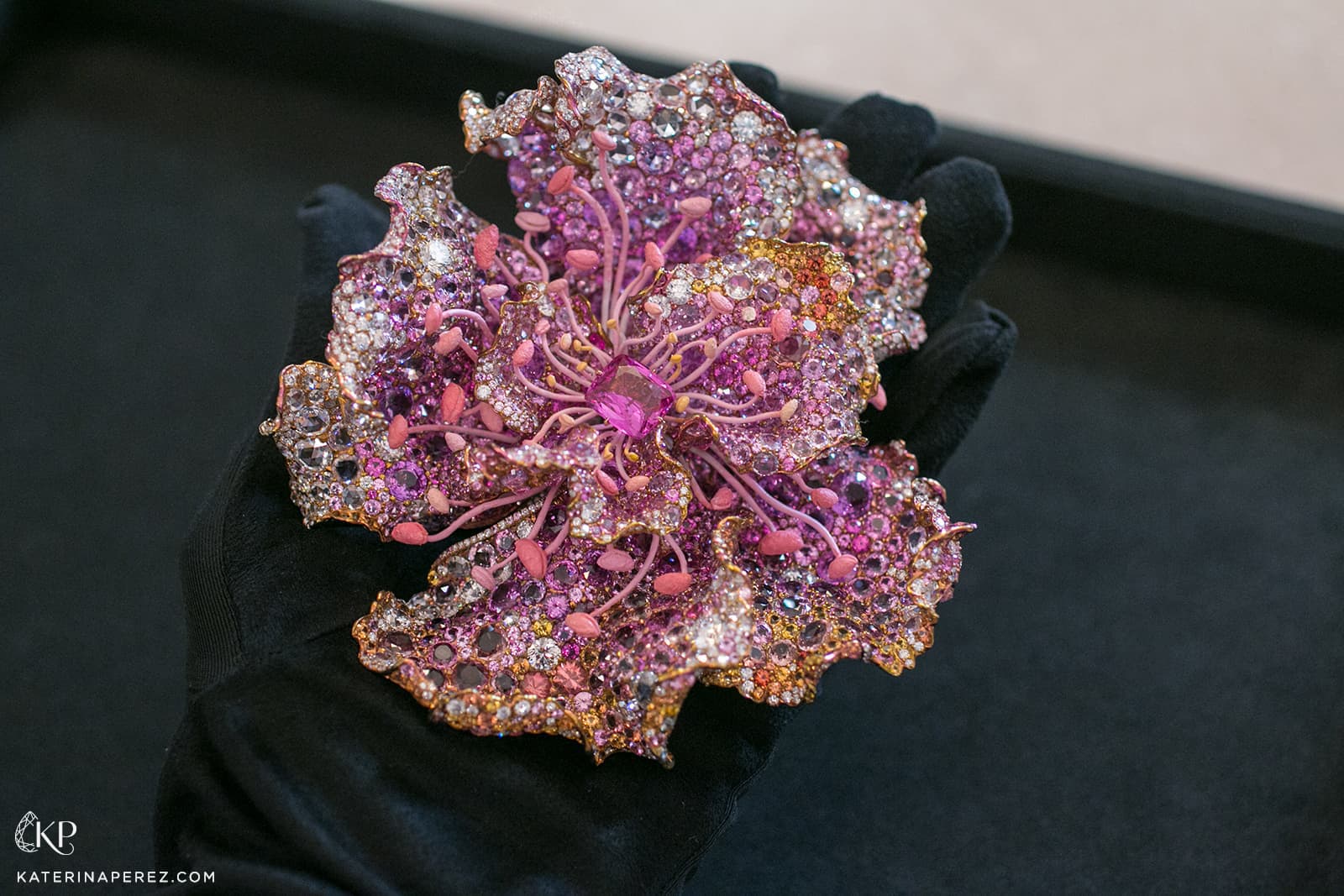 Cindy Chao 2019 Black Label Masterpiece IX Damask Rose Brooch from the Tango in the Garden Collection with 8.00ct cushion cut pink sapphire, 53.65ct of diamonds, 240.23ct pink sapphires and orange sapphires in titanium, white gold and  lacquer