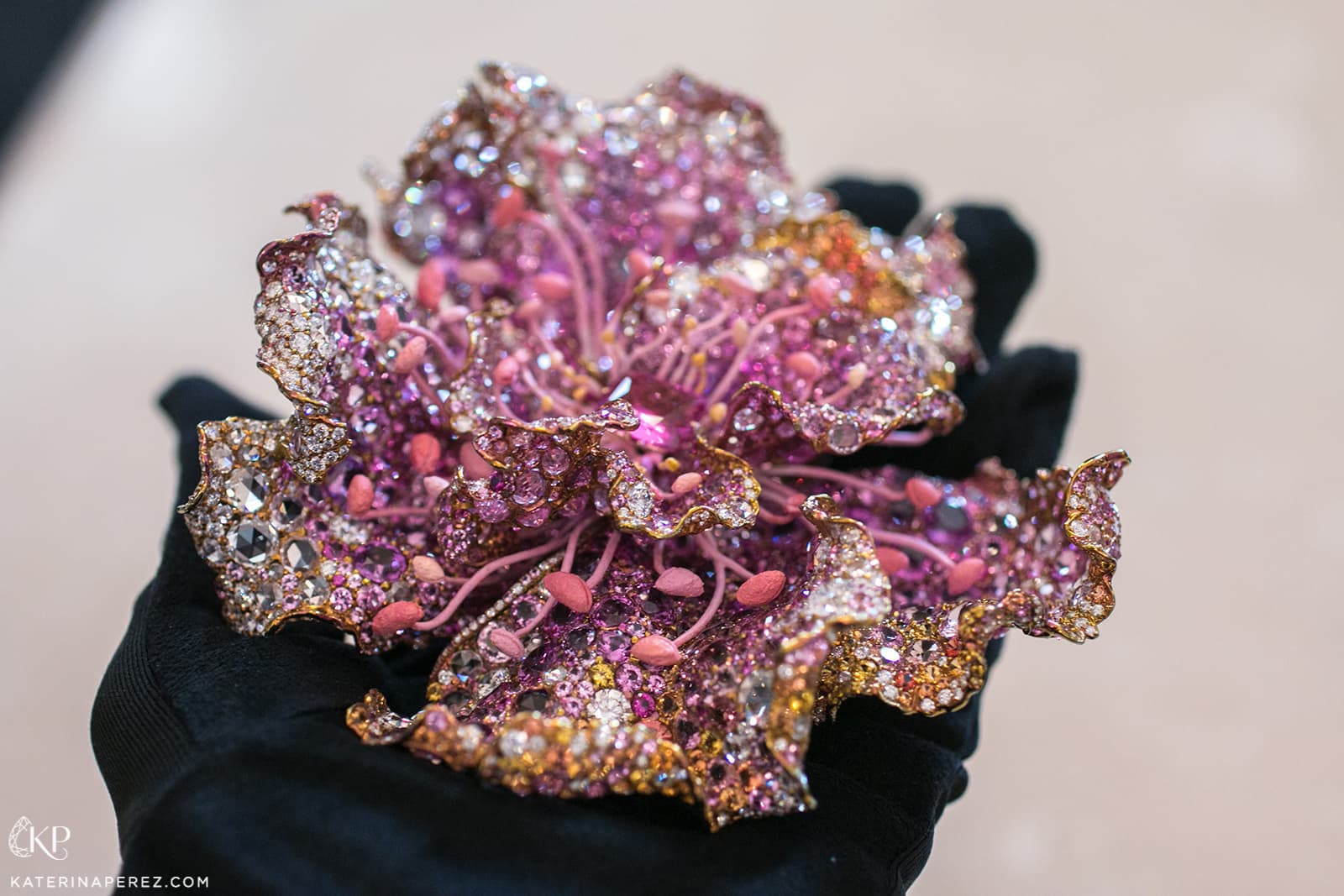  Cindy Chao 2019 Black Label Masterpiece IX Damask Rose Brooch from the Tango in the Garden Collection with 8.00ct cushion cut pink sapphire, 53.65ct of diamonds, 240.23ct pink sapphires and orange sapphires in titanium, white gold and  lacquer