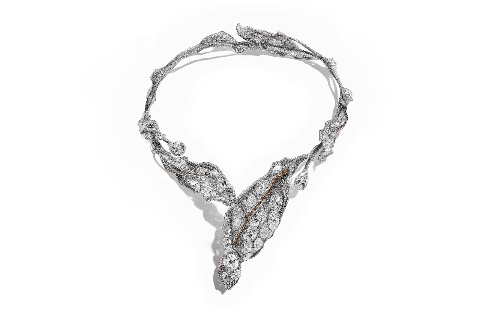 Cindy Chao 2016 Black Label Masterpiece IX Winter Leaves Necklace from the Four Seasons Collection with 12.06ct pear cut diamonds,  93.04ct of oval cut diamonds, accenting colourless and yellow diamonds in titanium