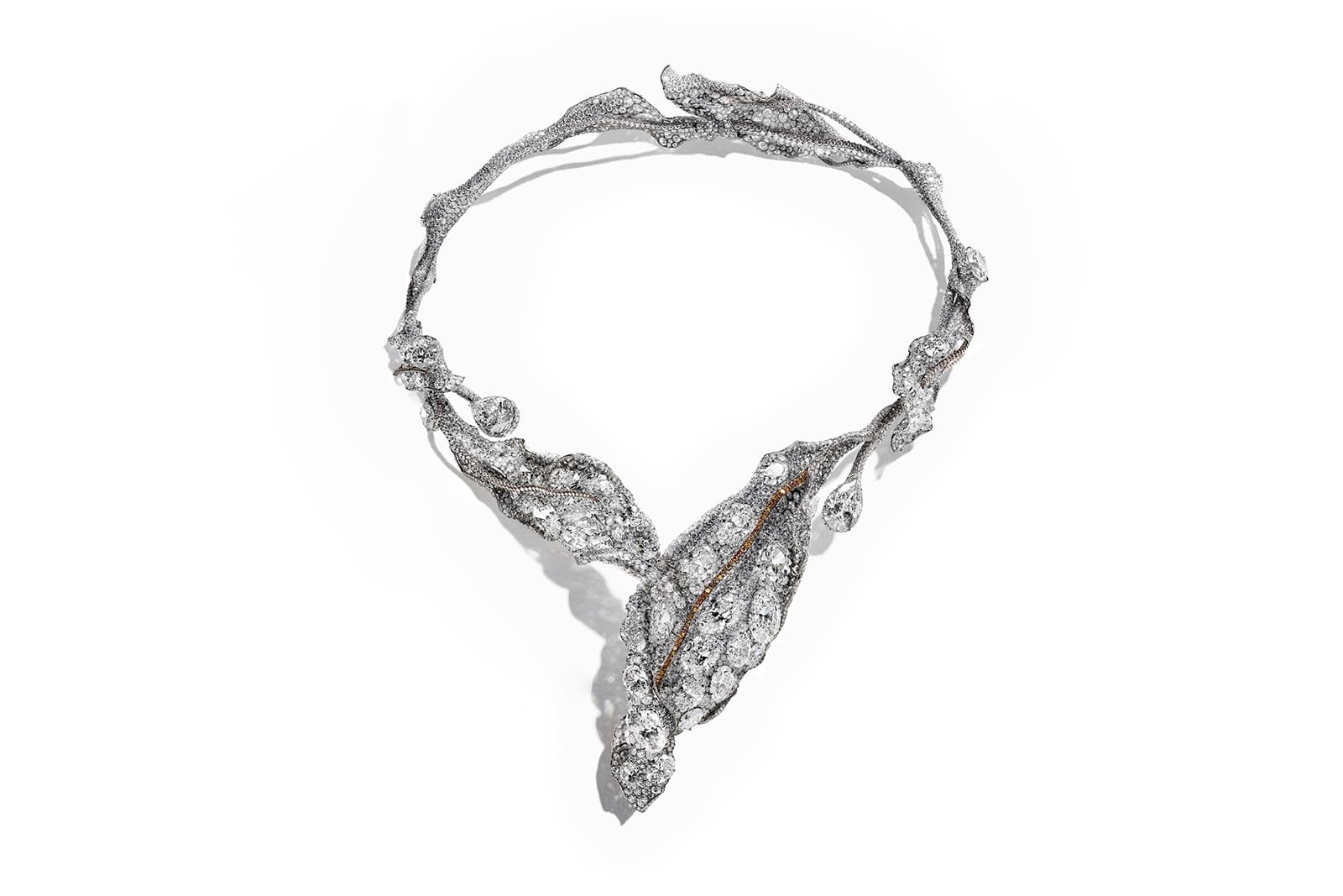 Cindy Chao 2016 Black Label Masterpiece IX Winter Leaves Necklace from the Four Seasons Collection with 12.06ct pear cut diamonds, 93.04ct of oval cut diamonds, accenting colourless and yellow diamonds in titanium