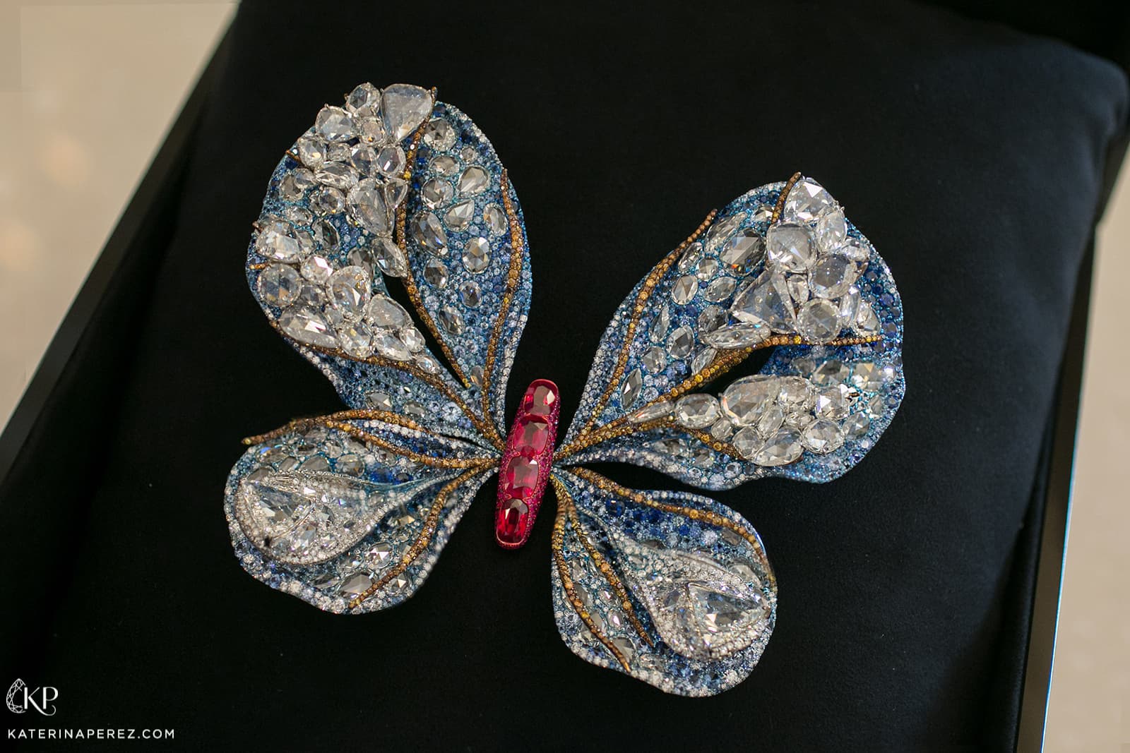 2019 Black Label Masterpiece I Aurora Butterfly Brooch from the annual Butterfly collection with pigeon’s blood Burmese rubies totaling 8.48 ct, 10.19 ct of triangular rose cut diamonds, diamonds, 15.94 ct of yellow diamonds, rubies and sapphires in titanium and aluminum