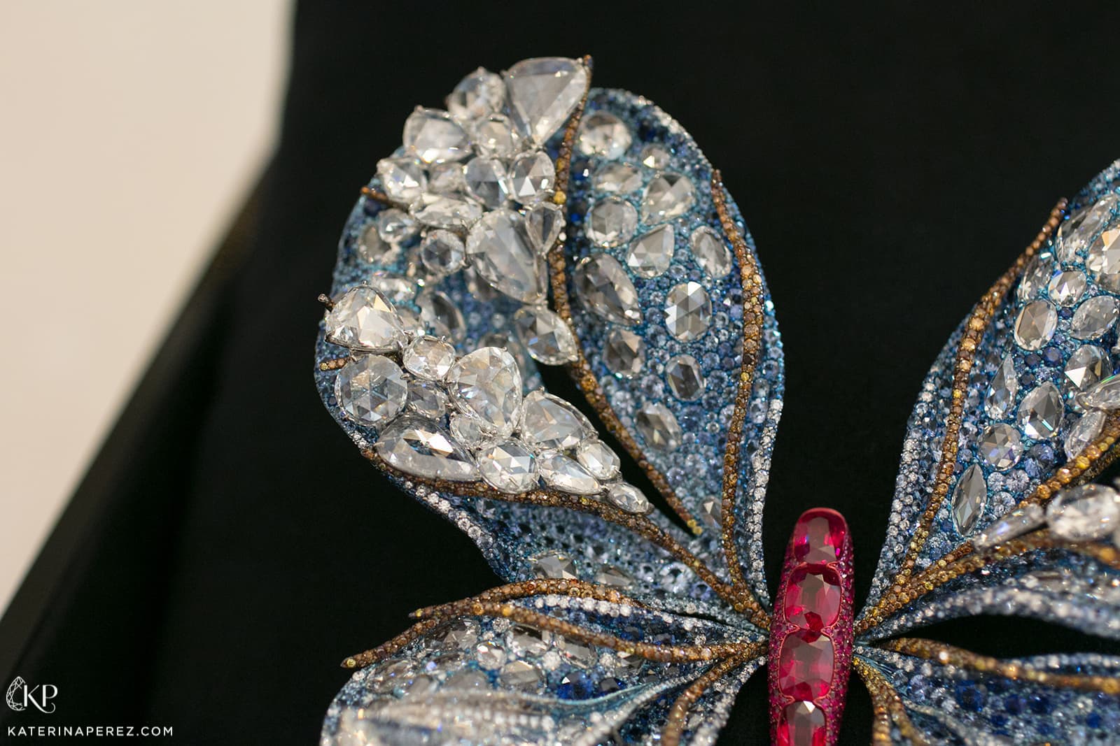  2019 Black Label Masterpiece I Aurora Butterfly Brooch from the annual Butterfly collection with pigeon’s blood Burmese rubies totaling 8.48 ct, 10.19 ct of triangular rose cut diamonds, diamonds, 15.94 ct of yellow diamonds, rubies and sapphires in titanium and aluminum