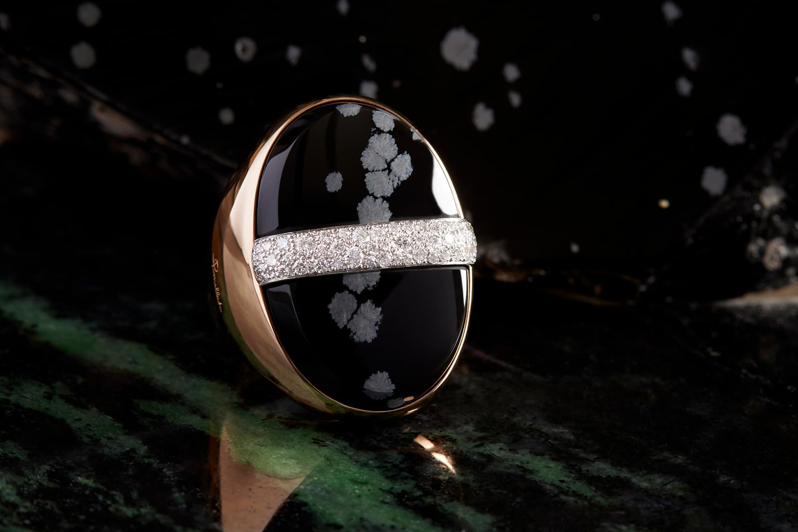 Pomellato Untitled No.1 ring with snowflake obsidian and diamonds in rose gold