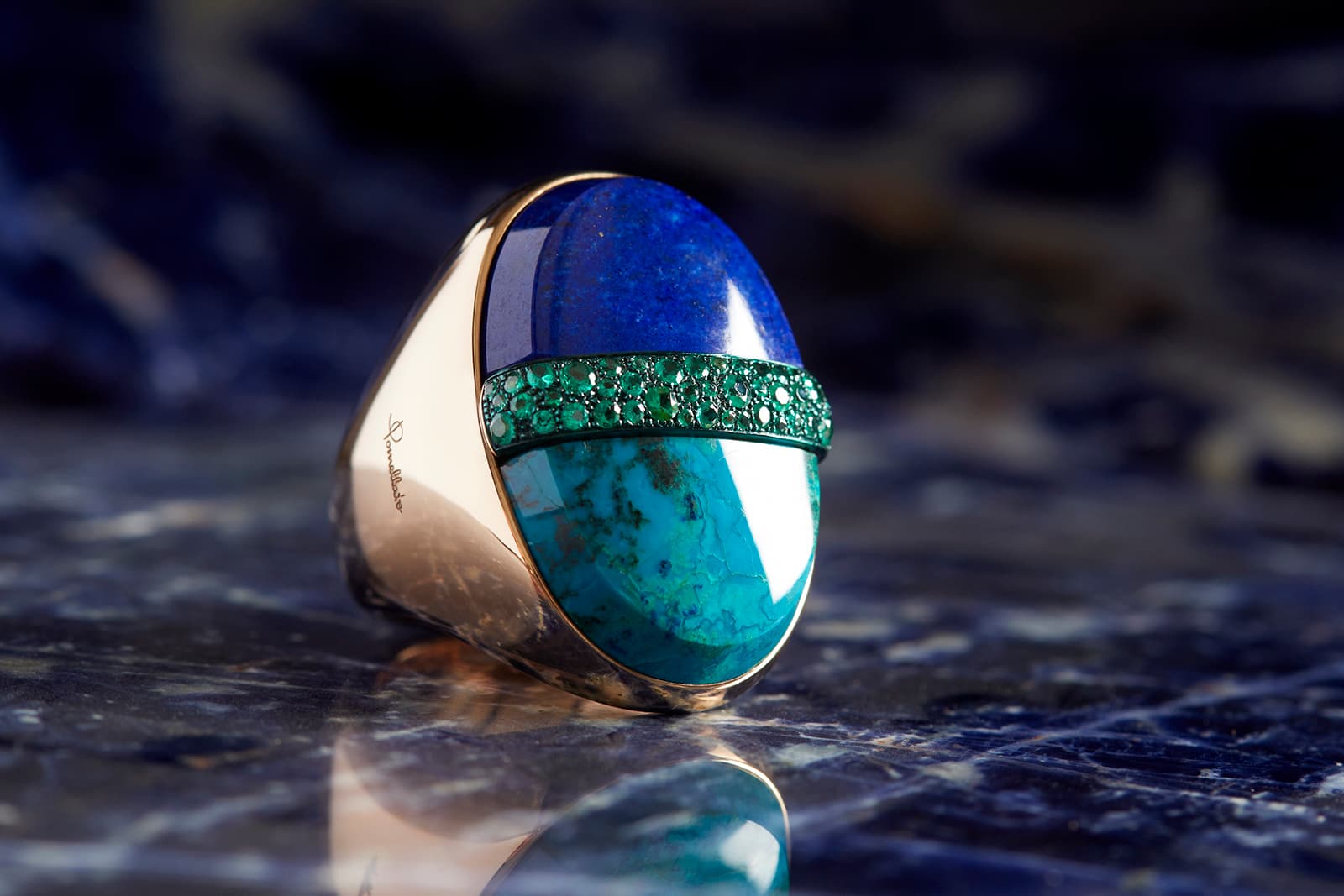 Pomellato Penelope's Dream ring with lapis lazuli, chrysocolla and emeralds in rose gold